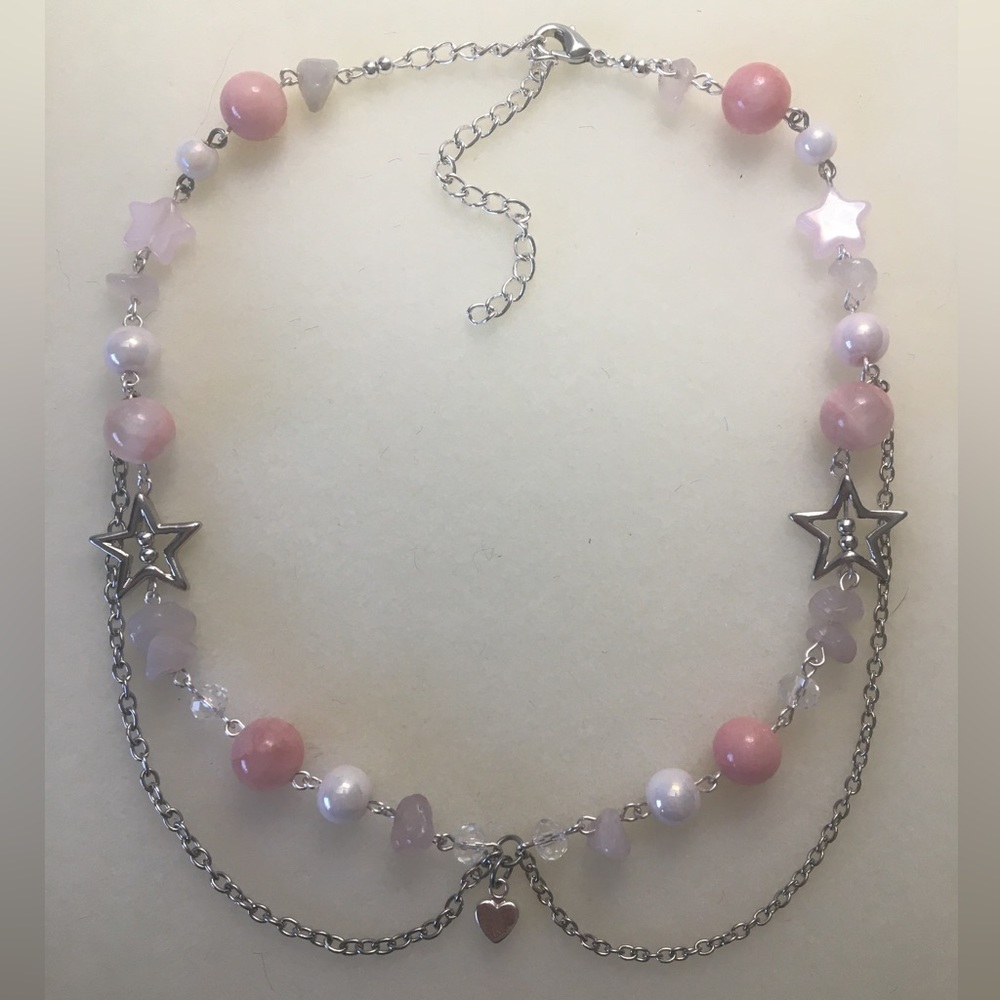 Handcrafted pink and silver toned drop chain necklace